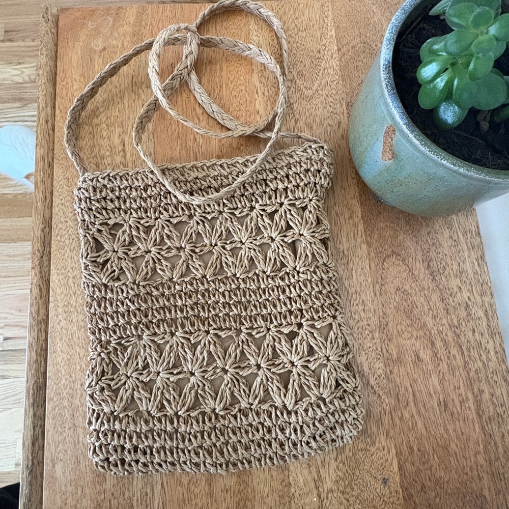Tan Crochet cross body bag Raffia Straw Spring Summer Boho Neutral French Market